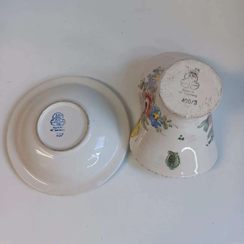 Vintage Ulmer Keramik Basket and Dish Hand Painted Floral Pottery Missing Handle